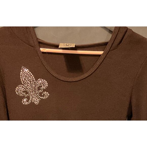 Vocal Y2K Brown Long-Sleeve Hooded Top With Rhinestone Fleur-De-Lis Womens Small - Picture 7 of 12
